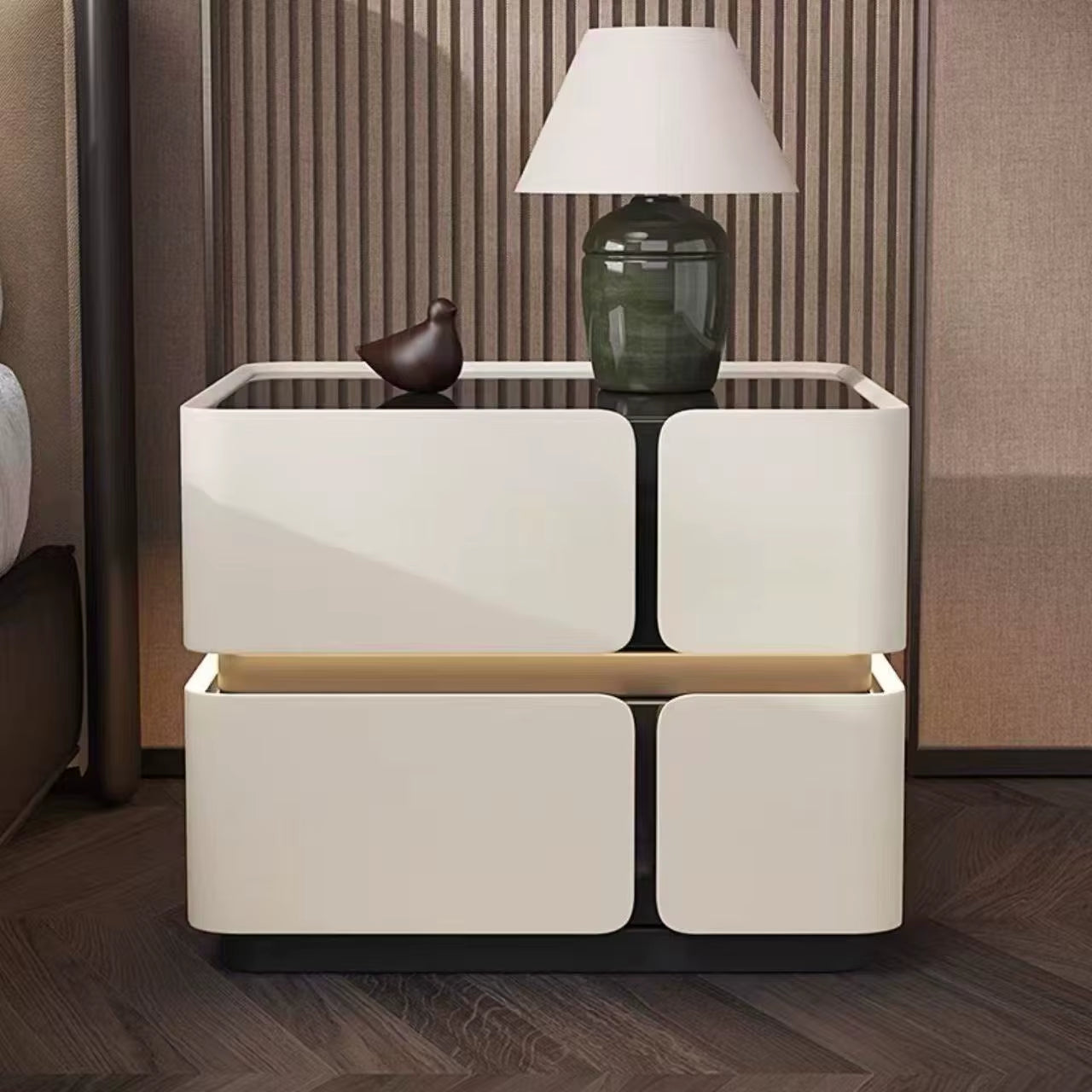 Modern Luxury Wood Smart Bedside Table with Led Light Wireless Charging Speakers 2 Drawer Bedroom White Leather Furniture Design