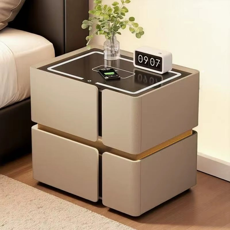 Modern Luxury Wood Smart Bedside Table with Led Light Wireless Charging Speakers 2 Drawer Bedroom White Leather Furniture Design