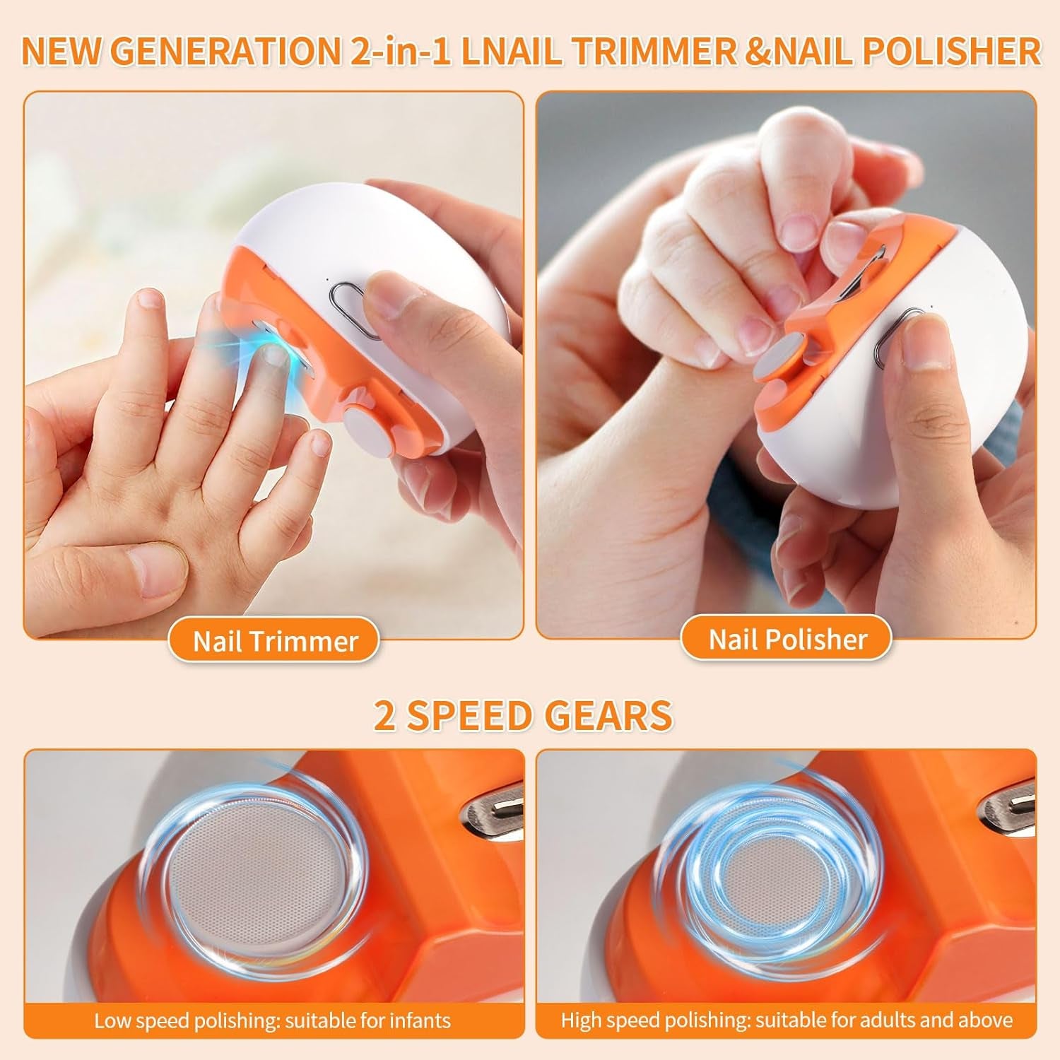 Electric Nail Clipper, Baby Electric Nail Trimmer, Automatic 2 in 1 Rechargeable Nail File with LED Light and Nail Clip Storage for Kids, Seniors, Adults