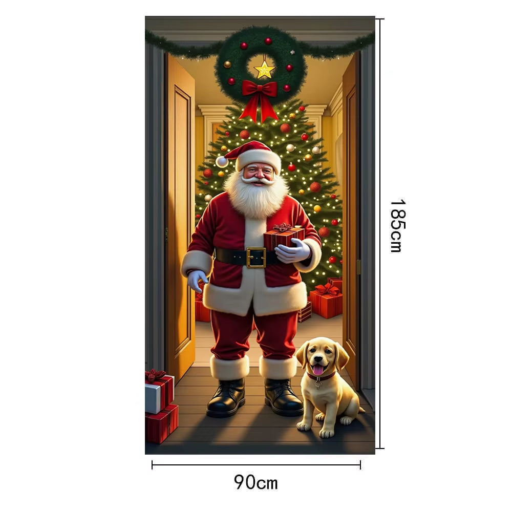 Santa Claus Christmas Tree Door Cover -185X90Cm Festive Holiday Decoration Versatile Hanging for Entrance and Room