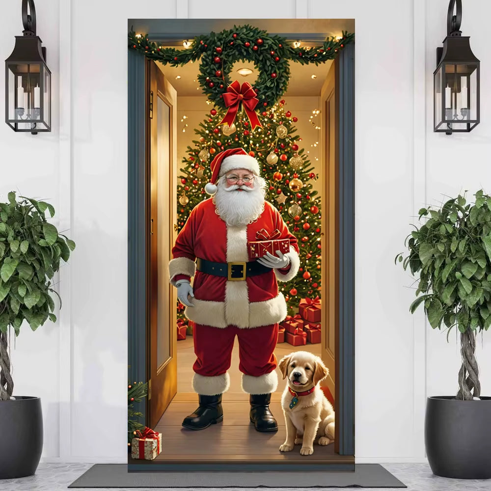 Santa Claus Christmas Tree Door Cover -185X90Cm Festive Holiday Decoration Versatile Hanging for Entrance and Room