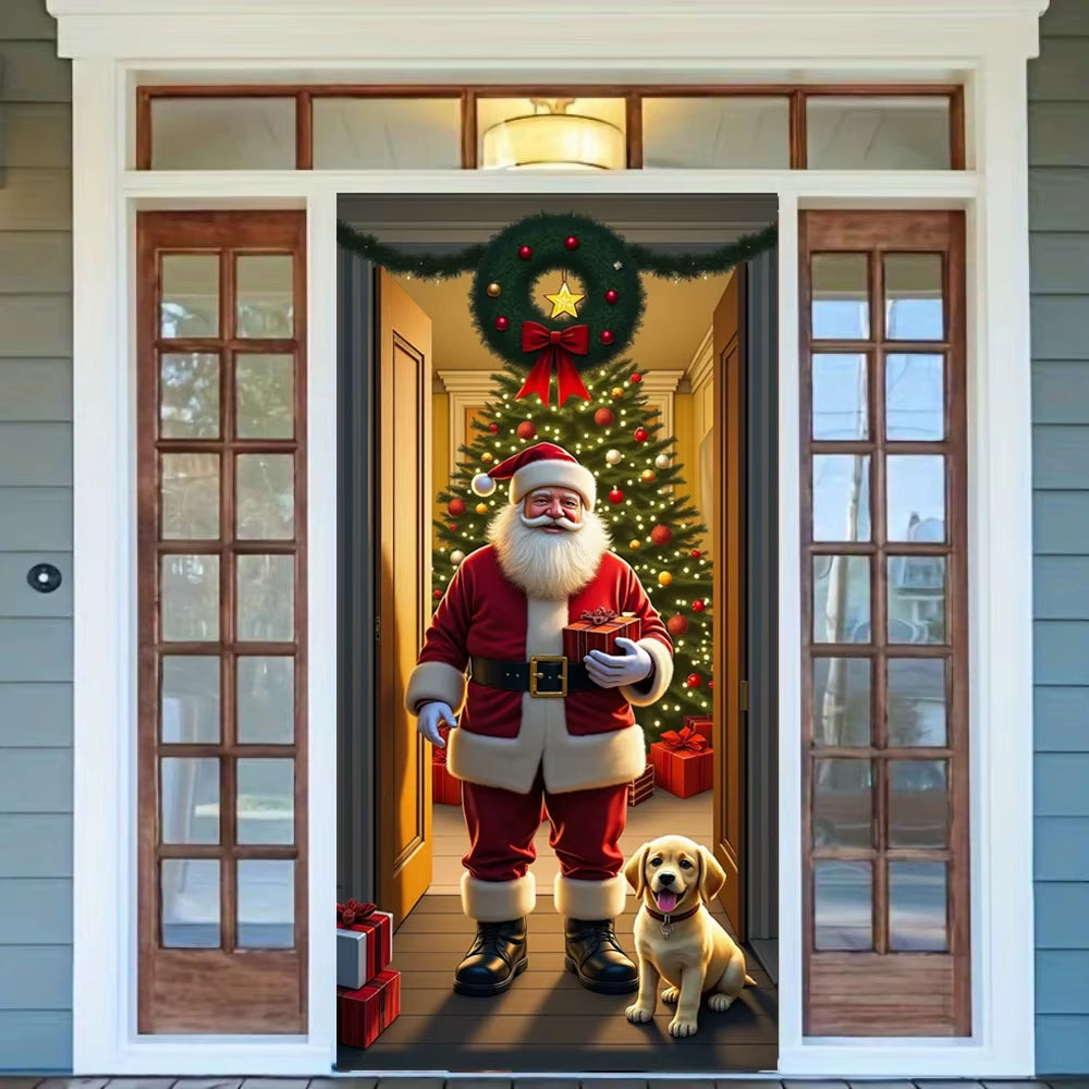 Santa Claus Christmas Tree Door Cover -185X90Cm Festive Holiday Decoration Versatile Hanging for Entrance and Room