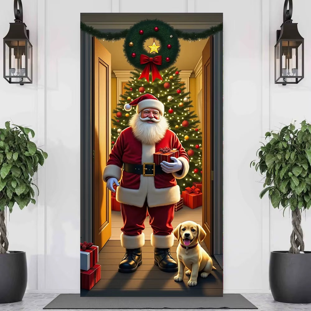 Santa Claus Christmas Tree Door Cover -185X90Cm Festive Holiday Decoration Versatile Hanging for Entrance and Room