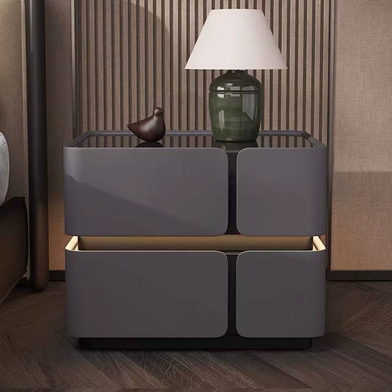 Modern Luxury Wood Smart Bedside Table with Led Light Wireless Charging Speakers 2 Drawer Bedroom White Leather Furniture Design