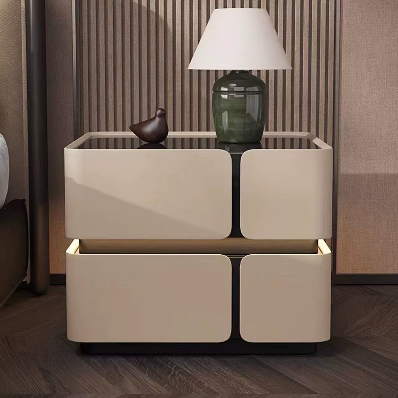 Modern Luxury Wood Smart Bedside Table with Led Light Wireless Charging Speakers 2 Drawer Bedroom White Leather Furniture Design