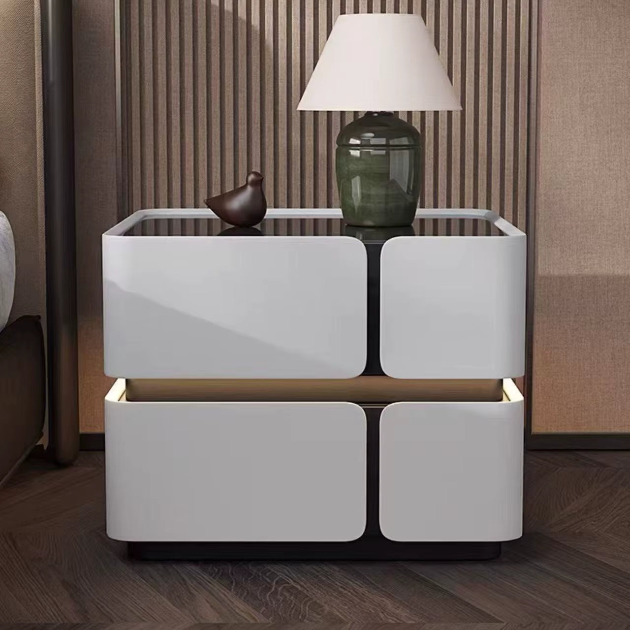 Modern Luxury Wood Smart Bedside Table with Led Light Wireless Charging Speakers 2 Drawer Bedroom White Leather Furniture Design