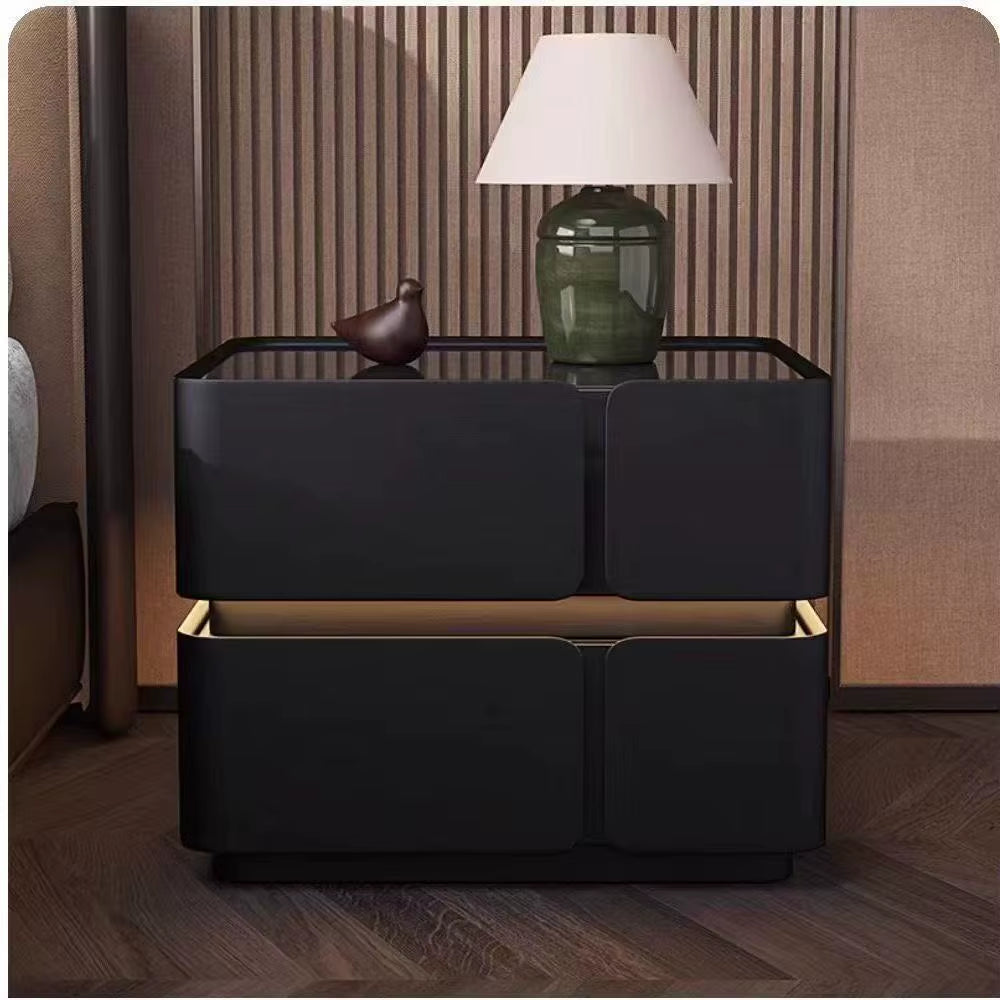 Modern Luxury Wood Smart Bedside Table with Led Light Wireless Charging Speakers 2 Drawer Bedroom White Leather Furniture Design