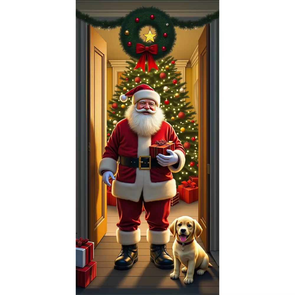 Santa Claus Christmas Tree Door Cover -185X90Cm Festive Holiday Decoration Versatile Hanging for Entrance and Room